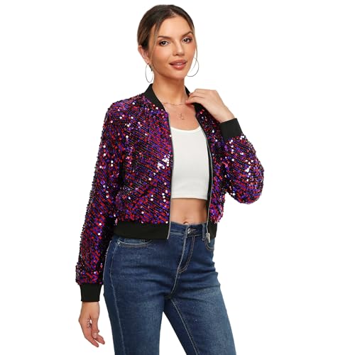 Women's Sequin Jacket Sparkly Cropped Bomber Long Sleeve Zipper Up Casual Party Blazer With Pockets4