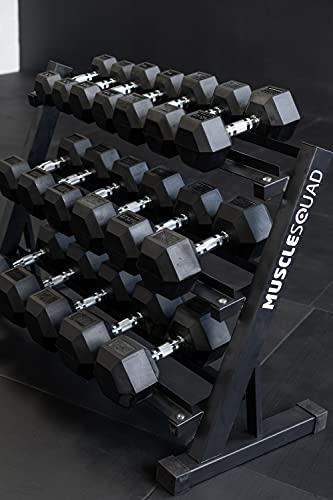 MuscleSquad Hex Dumbbells (5kg-25kg) & Dumbbell Storage Rack | 9 PAIR Dumbbell Set with Rack | 3-Tier Dumbbell Stand - Image 2