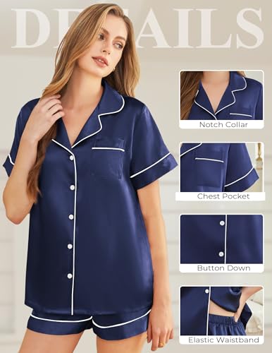 Image of Silk Pajamas for Women Short Sleeve Sleepwear Soft Button Down Loungewear 2 Piece Satin Pjs Shorts Set S-XXL