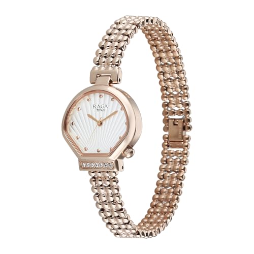 Image of Titan Raga Spotlight with Quartz Analog White Dial Rose Gold Brass Strap Watch for Women - 95432WM01