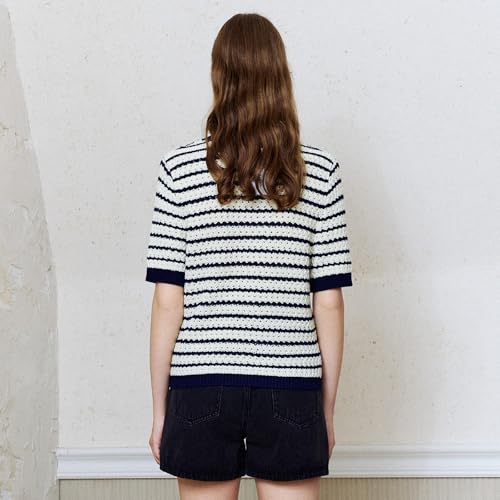 Image of URBAN REVIVO Women's Short Sleeve Sweaters Crewneck Knit Tops Casual Striped 2025 Trendy Soft Summer Blouses