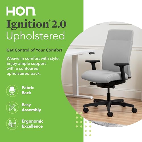 Image of HON Ignition 2.0 Ergonomic Office Chair with Adjustable Arms, Advanced Synchro‑Tilt Recline, Upholstered Desk and Computer Chair for Home Office or Workstation, Black Frame, Fog