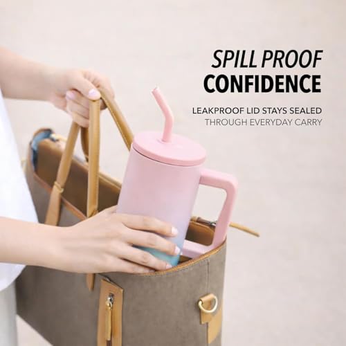 Image of 1200ML Stainless Steel Tumbler Hot and Cold with Handle and Lid 2 Straw, Double Insulated Cup Leak Proof Mug Cupholder for Gym, Travelling (Pink & Blue)