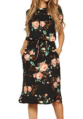 Womens Summer Modest Short Sleeve Teacher Outfits Tee Shirt Midi Floral Black L