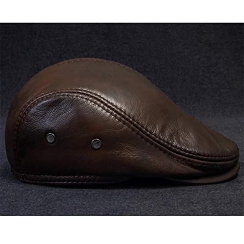 Newsboy Cap Genuine Leather Windproof Duckbill First Layer Cowhide Berets Man Cap Black Ear Protection Casquette Hats For Male (Color : A, Size : 59-60Cm) #TOP4