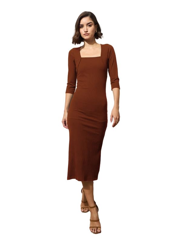 Image of barcino Black Rib Square Neck Sticth Detail Midi Dress