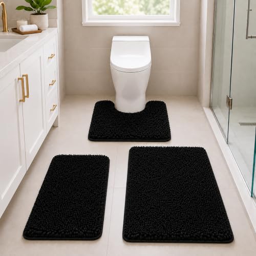 Run Helix Black Bathroom Rug Set Extra Soft Bath Rugs for Bathroom 3 Piece Bathrom Set Anti-Slip Bath Mats Soft Plush Chenille Shaggy Mat Living Room Bedroom Mat Floor Water Absorbent Floor Mat