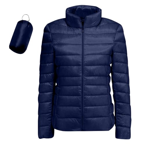 Chaqueta De Plumas para Mujer Sin Capucha Manga Larga Color Liso - Plumifero Ultraligero Mujer Cremallera con Bolsillo Casual Termica Ligera Cazadoras Chic Anchos Plumiferos Marina de Guerra XL