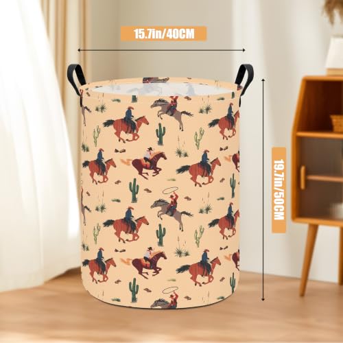 Image of Round Laundry Basket Collapsible Storage Organizer Cactus Cowboy | Waterproof Canvas Foldable Baskets with sturdy Handles Multi-scene Organizer for Home Play Bedroom Gift Bin