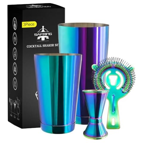 Safring Boston Cocktail Shaker Bar Set, Weighted Boston Shaker Tins, Bartender Kit with 18oz & 28oz Mixed Drink Shaker, Hawthorne Strainer, Double Measuring Jigger - Rainbow Cover