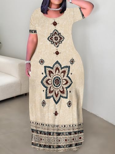 Image of PinkPatty Plus Size Maxi Dress for Curvy Women Crew Neck Long Sleeves Casual Dress Vacation Sundresses with Pockets