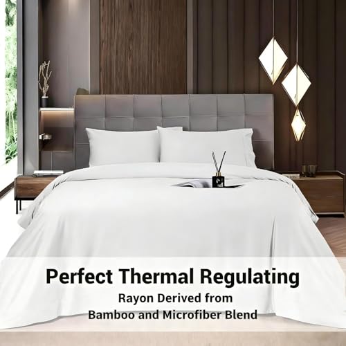 Image of Shilucheng 4 Piece Full Sheet Sets, Cooling Sheets, Blend Rayon Derived from Bamboo, Deep Pocket Up to 16 inch, Breathable & Soft Bed Sheets, Hotel Silky Bedding Set, White