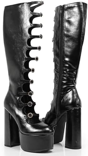 Liliana Platform Knee High Boots, Multi Buckle Design, Cut Out Details, 5 Inch Block Heel, Black