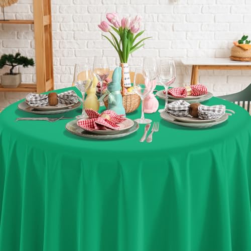 Image of 16 Pack Green Plastic Tablecloth for Round Tables, Premium Decorative Green Disposable Table Cloths for Parties, Round Party Table Cover for Birthday Anniversary Graduation Picnic Party, 84 Inch