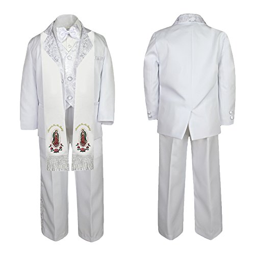 Image of Baby Boy Teen Christening White Paisley Suit Gold Guadalupe Mary on Stole SM-20