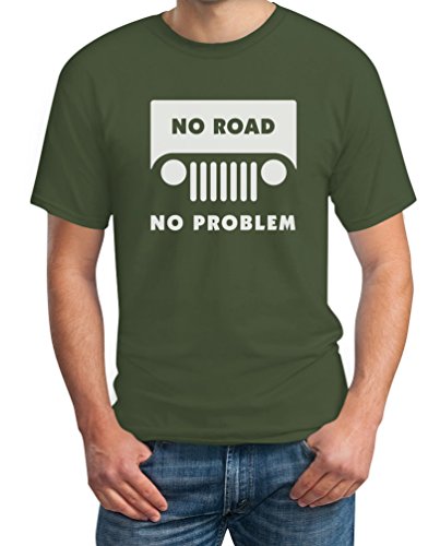 No Road No Problem Olivgrün Large T-Shirt - Cooler Biker/Motorrad/Jeep Spruch