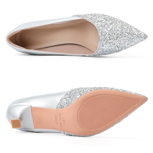 Silver Women's Kitten High Heels 2 Inch Sequin Pointed Toe Leather Pumps Comfortable Slip On Wedding Party Dress Stilettos Shoes Size 8.52