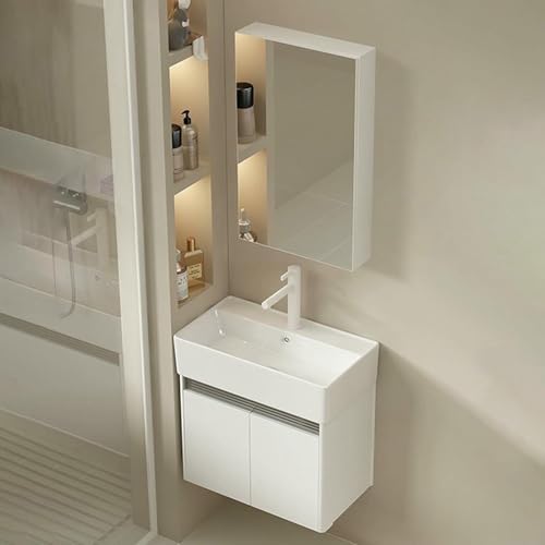 XFYGQTOM コーナーバスルームシンク 壁掛けバスルームバニティキャビネット セラミックウォッシュB 収納容器とミラーキャビネット付き 長方形セラミックコーナーシンク トイレクローク用(48cm/18.9インチ)