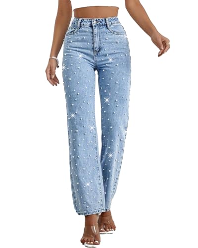 Womens High Waist Peral Jeans Stretchy Y2K 90s Baggy Casual Plain Straight-Leg Denim Jeans