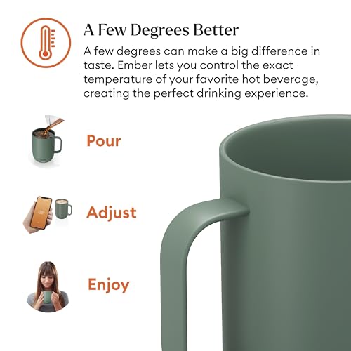 Image of Ember Temperature Control 14oz Smart Mug 2, App-Controlled and Rechargeable Heated Coffee Cup Warmer with Intelligent LED Display, Sage Green.