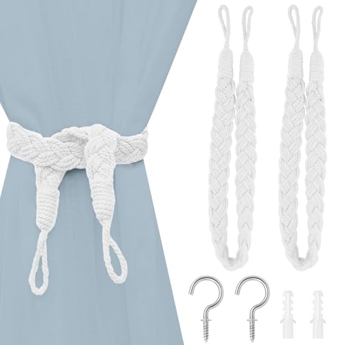 Alzapaños para Cortinas, Paquete de 2, Elegantes alzapaños Bohemios con Hebilla de Cuerda, Tejidos a Mano, con Gancho de Metal, para el hogar, la Oficina, la Sala y el Dormitorio (Blanco)