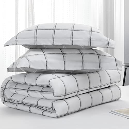 Bedsure White Grid Comforter Set Queen - White Grey Reversible Plaid Bedding Comforter Set - 3 Piece Lightweight Fluffy Comforter Set, Includes 1 Comforter (90"X90") And 2 Pillow Shams (20"X26"+2") #TOP7