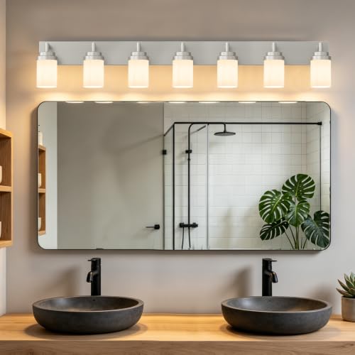 Image of Bathroom Light Fixtures, Brushed Nickel Bathroom Lighting Fixtures Over Mirror, Modern Vanity Light with White Glass Shade, Restroom Lighting Fixtures, 7-Light 54-inch