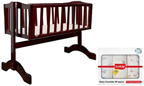 Image of Luvlap C-10 Baby Wooden Cot (Cherry Red, Small) Muslin Swaddle Birds White