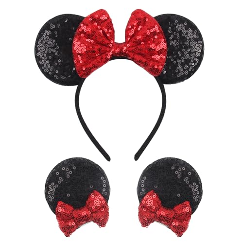 PALAY® Mickey Mouse Hair Band for Girls & Ears Hair Clips, Shiny Bow Headband for Women, Sequins Hair Bands Cute Mice Ears Clips Hair Accessories for Mickey Mouse Birthday Decoration Party Halloween