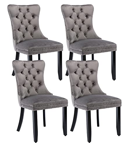 Shenyon Grey Velvet Dining Chairs Set of 4, Upholstered Dining Room Chairs with Back Ring Pull Trim and Solid Wood Legs,Tufted Wingback Kitchen Chairs for Dining Room,Living Room,Kitchen(Grey)