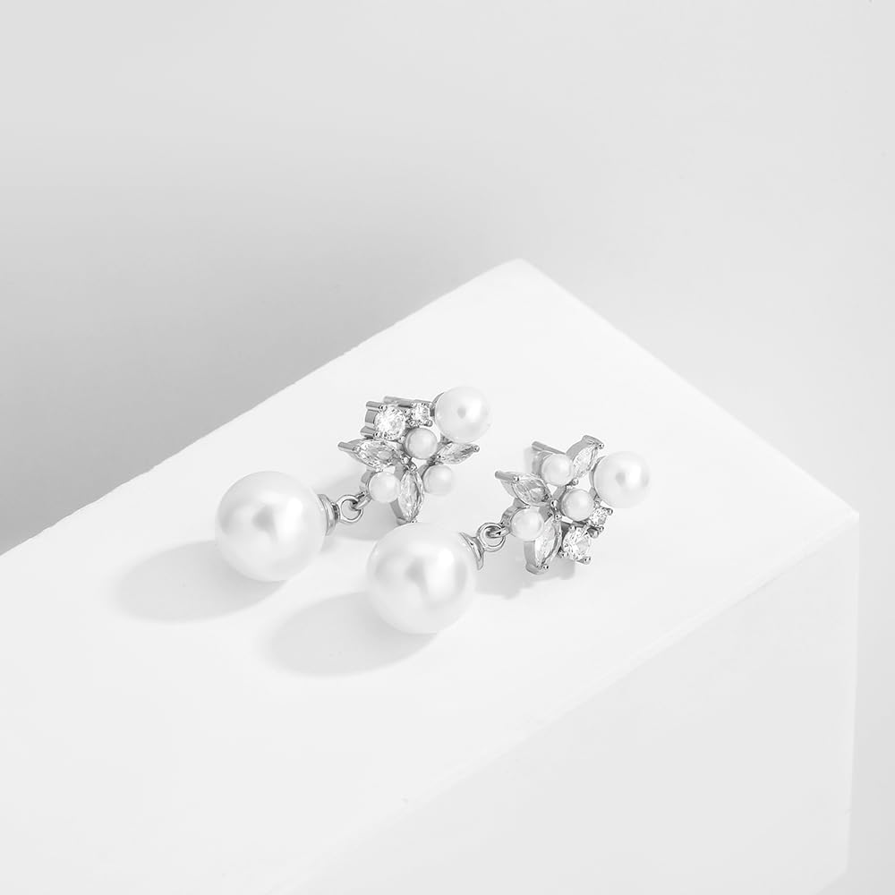 UILZ Cubic Zirconia Pearl Wedding Earrings - Ivory Dangle Drop Bridal Jewelry for Women, Bridesmaid - Image 3