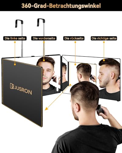 JUSRON 360 Grad Spiegel mit Licht, Klappspiegel 3 Teilig Haare Selbst Schneiden, Höhenverstellbarer&Wiederaufladbarer Kosmetikspiegel Rasierspiegel Friseurspiegel für Makeup Rasieren Frisieren 2