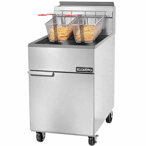 Image of EGGKITPO 5-Burner Commercial Natural Gas Fryer 70lbs Oil Capacity CSA Certified Stainless Steel Floor Deep Fryer with 2 Baskets Oil Drain Adjustable Temperature 150,000 Total BTU for Restaurant