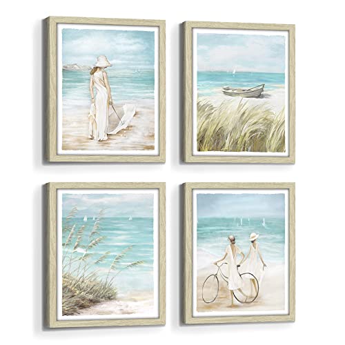 Beach Framed Wall Art Picture: Bedroom Modern Coastal Ocean View Print Decor Abstract Blue Sea Boat Seascape Painting Relaxing Tropical Landscape Seaside Seashore Scene Artwork for Living Room
