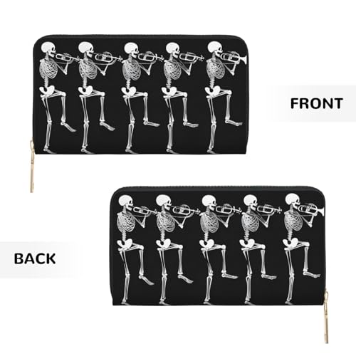 Leather Wallet for Women Ladies Novelty Printed Around Zipper Long Wallet Phone Purse Credit Card Holder, Halloween Posable Skeleton Skull3