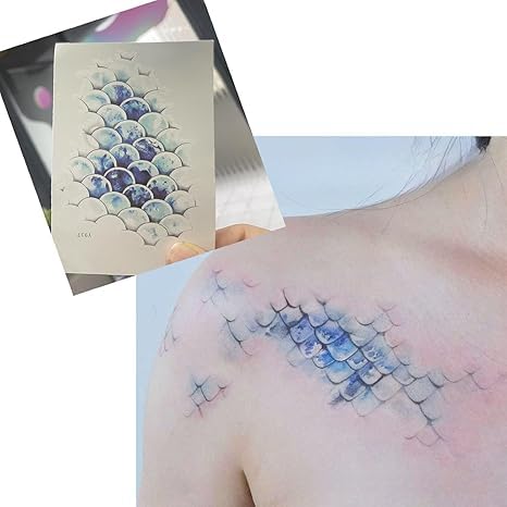 Mermaid Scales Temporary Tattoo」Waterproof Fake Tattoo Sticker - Ocean Blue Sea Princess Arm/Ankle Body Art for Women, Party Festival Makeup Decoration (8-sheets)