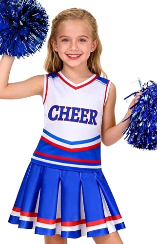 Costumerry Cheerleader Costume for Girls Cheerleading Outfit with Pom Poms Halloween Party Dress Up (8-9 Years)