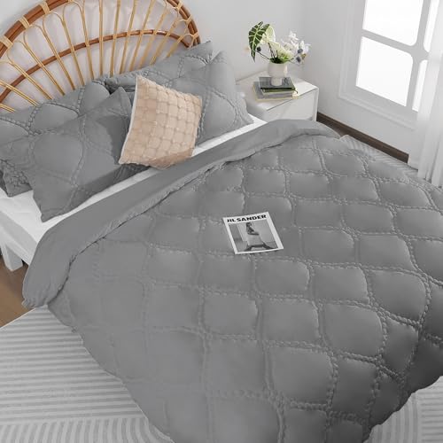 Elegear Juego de Funda Nordica Cama de 135 - Diseño de Bordado 3D Juego de Funda Edredon 135 x 200 y 1 Fundas de Almohada 75x50, Certificado Oeko-Tex, Delicada y Elegante, Suave y Transpirable, Gris