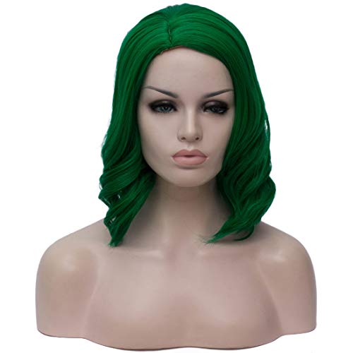 BUFASHION Bob Curly Wavy Wig Short Green Wigs Cosplay Costume Halloween Wigs For Women With Wig Cap (Green)
