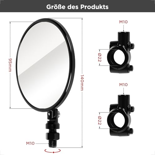 evermotor Motorradspiegel, Motorrad Spiegel E-geprüft – Ø95mm CNC Aluminium Lenkerendenspiegel, 360° verstellbar, für Ø22mm Lenker, kompatibal mit Scooter, Roller, ATV, Moped (Paar)