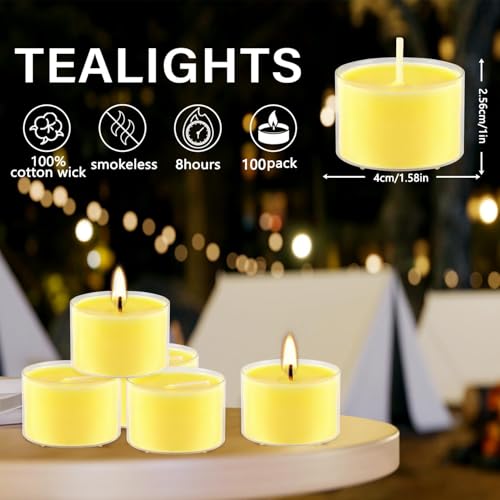 Image of 100 Pack Clear Tea Lights Candles Bulk, Summer Citronella Candle Outdoor and Indoor, for Birthday Emergency Home Garden(8 Hour, Yellow)
