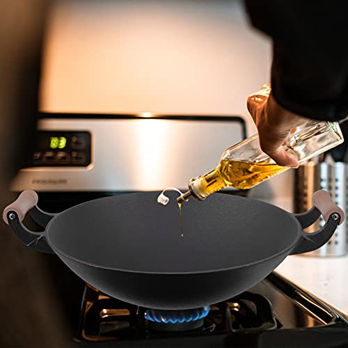 Wok de hierro fundido con mango de madera antiadherente miniatura 7