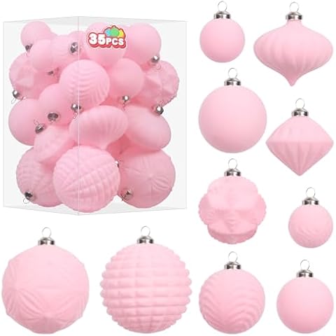 Super Holiday Velvet Christmas Ornaments Set, 35PCS Flocked Shatterproof Assorted Hanging Xmas Tree Ball Decorations, for Home Party Holiday Decor, Pink Cover