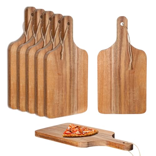 JJUNW 6 Pack Acacia Wood Cutting Board with Handle, Cheese Boards Charcuterie Boards, 12” x 6” Wooden Cutting Boards for Kitchen, Hanging Cutting Board Decor, Bread Boards for Food, Cheese, and Meat