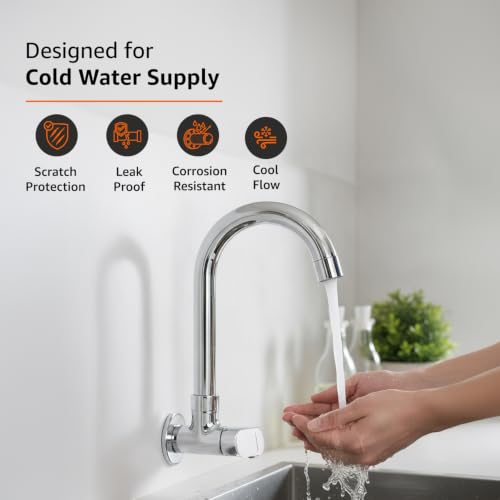 Image of Amazon Basics Round Kitchen Faucet | Cold-Only Single Lever Sink Tap with 360 Degree Swivel Spout | Aerated Water Flow | 15mm / 1 /2 BSP | Kitchen Use [Chrome]