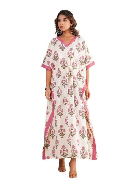 Miss India high Fashion Printed 100% Pure Cotton Designer Trendy Kaftan with Stylish Plain Border at The Wholesale Rate Free Size White-image-12