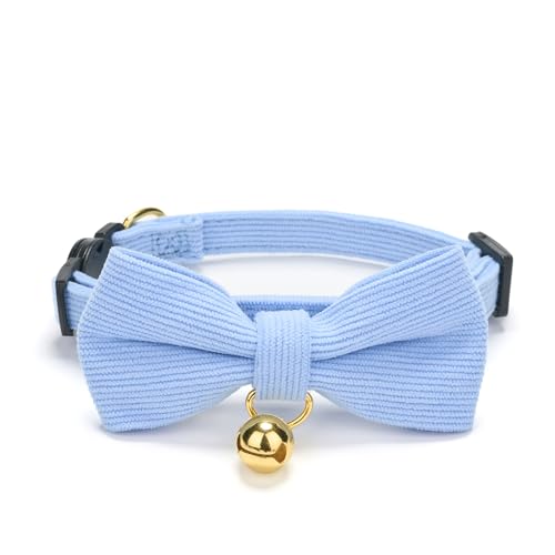 YUDOTE Cotton Breakaway Cat Collar with Bow Tie and Bell, Adjustable Cute Soft Corduroy Kitten Collars for Girl and Boy Cats,Blue