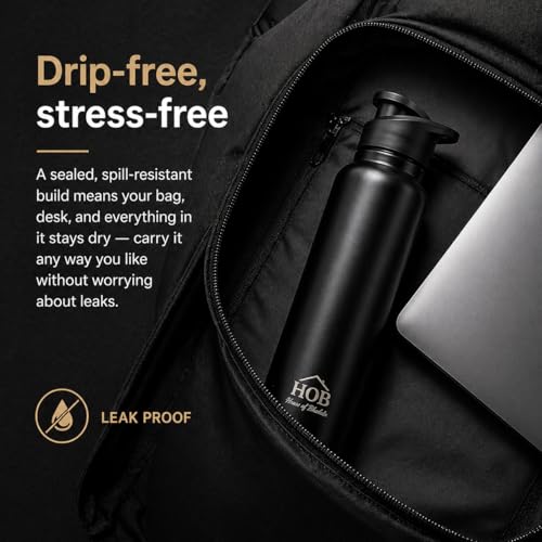 Image of HOB Stainless Steel Water Bottle 1 Litre | Flip Lid Sipper | Leak Proof | BPA Free | Rust Proof | For School, Gym, Office, Travel | Water Bottle for Kids & Adults | 1000ml | (1, Black, Flip Sipper)