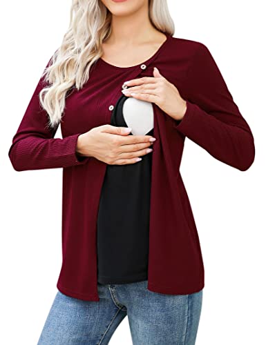 Schwangerschaft Stillshirt Damen Umstandsmode Oberteil Schwanger Langarmshirts Stillzeit Stilltops Schwanger Stillpullover Winter Lange Ärmel Nursing top mit mit Knöpfen (Wein Rot, M) Cover