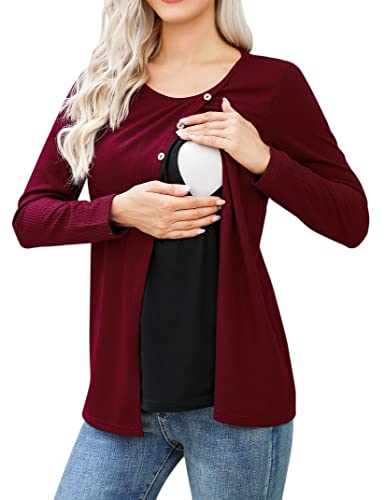 Damenpullover Langarm Schwanger Stilltops Langarmshirts Stillpullover Winter Rundhalsausschnitt Schwangerschaft Nursing Top Lose Stillshirt Cosy Umstandsshirt Knopf Elegant Shirt mit Stillfunktion